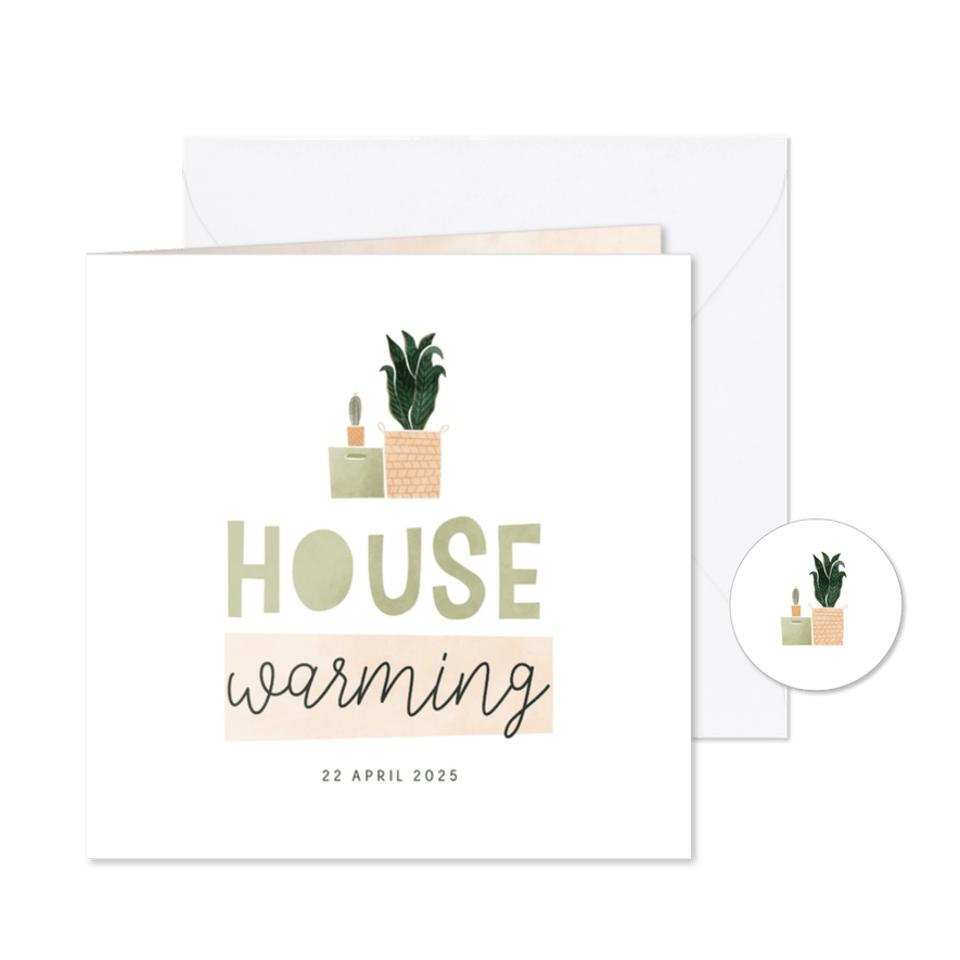 Housewarming uitnodiging met verhuisdoos en plantjes - Kaartimpressie