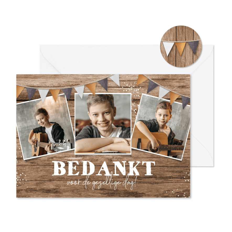 Houten bedankkaart communie lentefeest foto's slingers stoer - Kaartimpressie