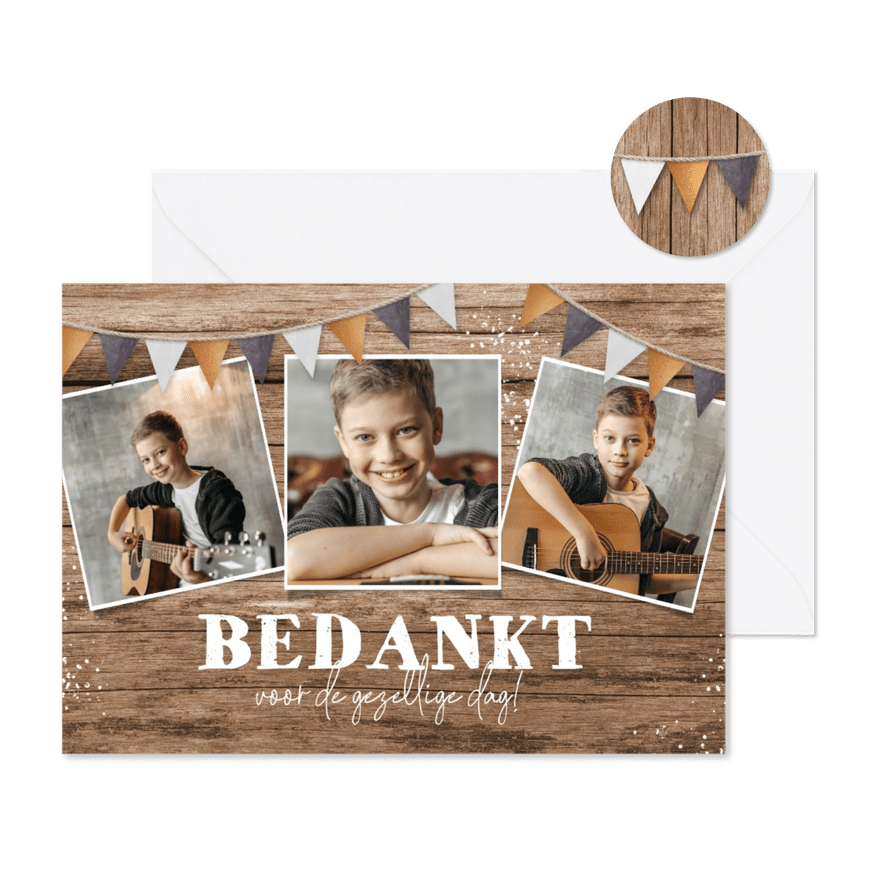 Houten bedankkaart communie lentefeest foto's slingers stoer - Kaartimpressie