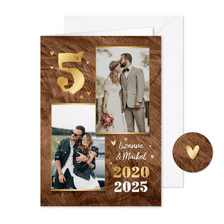 Houten huwelijk 5 jaar uitnodigingskaart goud hartjes foto - Kaartimpressie