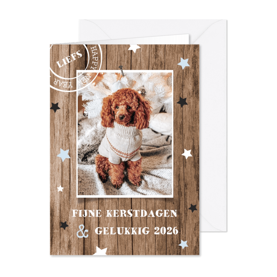 Houtlook kerstkaart met grote foto en sterren - Kaartimpressie