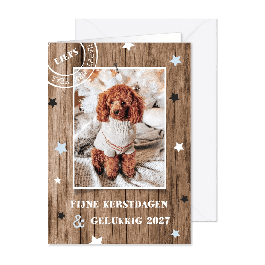 Houtlook kerstkaart met grote foto en sterren - Kaartimpressie