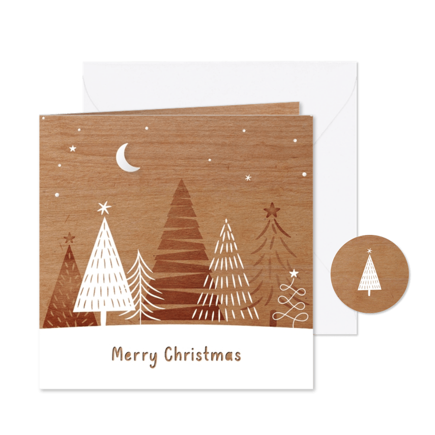 Houtlook kerstkaart stijlvol artistiek getekende kerstbomen - Kaartimpressie