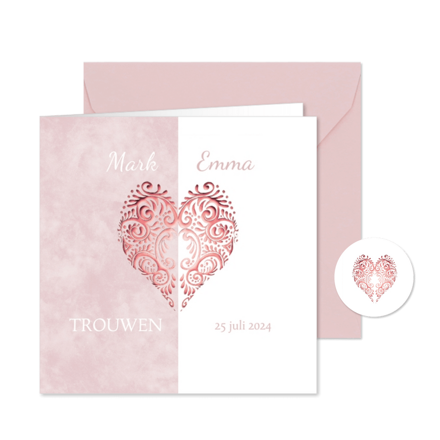 Huwelijk roze hart - Kaartimpressie