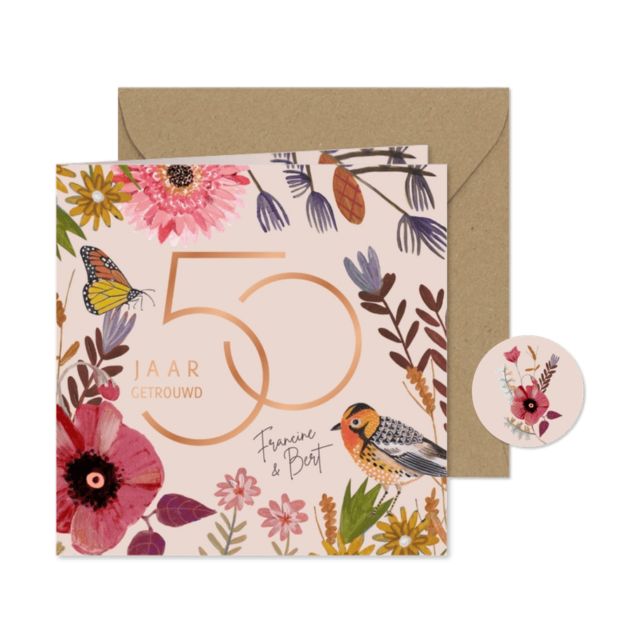 Huwelijks jubileum 50 jaar bloemen & vogel - Kaartimpressie