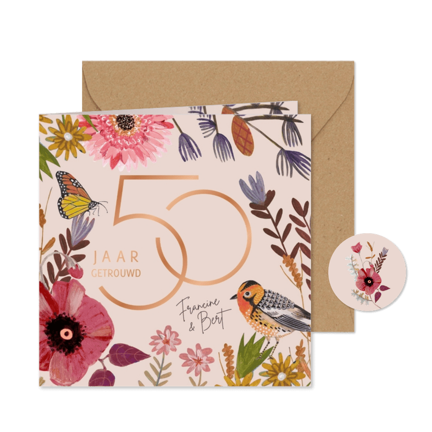 Huwelijks jubileum 50 jaar bloemen & vogel - Kaartimpressie