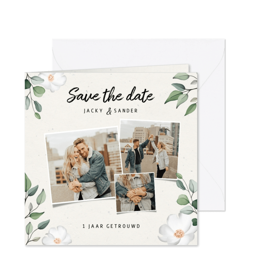 Huwelijksjubileum 1 jaar getrouwd bloemen en takjes - Kaartimpressie