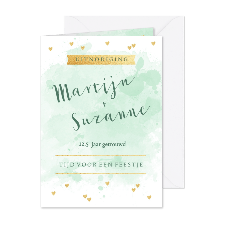 Huwelijksjubileum aquarel hartjes goudlook - Kaartimpressie