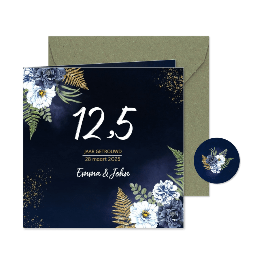 Huwelijksjubileum blauwe pioen goud - Kaartimpressie