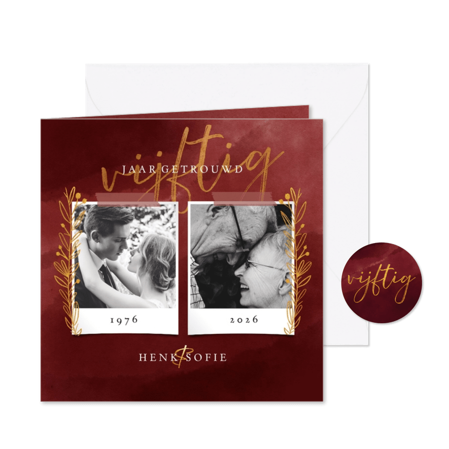Huwelijksjubileum bordeaux waterverf en goudlook - Kaartimpressie