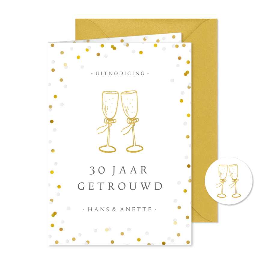 Huwelijksjubileum uitnodiging champagne glazen en confetti - Kaartimpressie