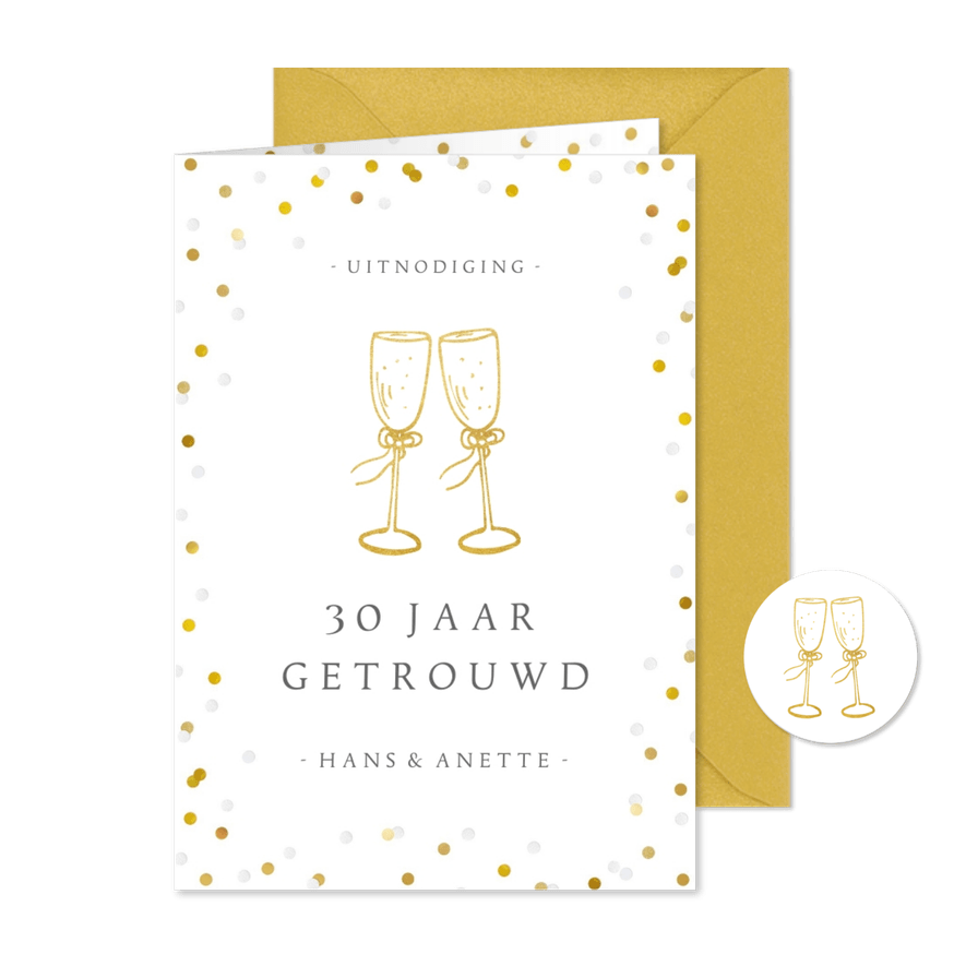 Huwelijksjubileum uitnodiging champagne glazen en confetti - Kaartimpressie