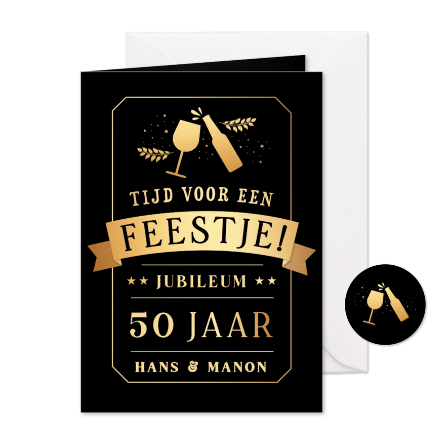 Huwelijksjubileum uitnodiging met bier en wijn in goudlook - Kaartimpressie