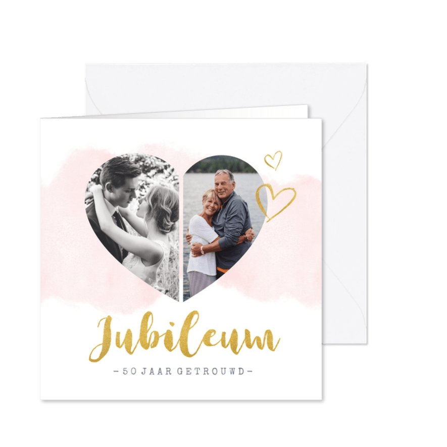 Huwelijksjubileum uitnodiging met fotohart en gouden letters - Kaartimpressie