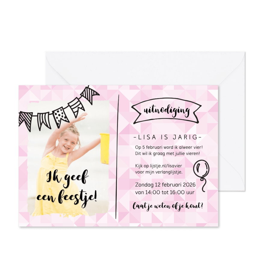 Ik geef een feestje - met foto (roze) - Kaartimpressie