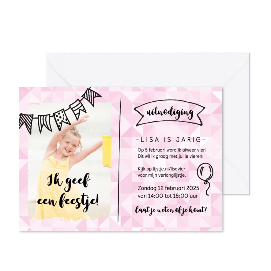 Ik geef een feestje - met foto (roze) - Kaartimpressie