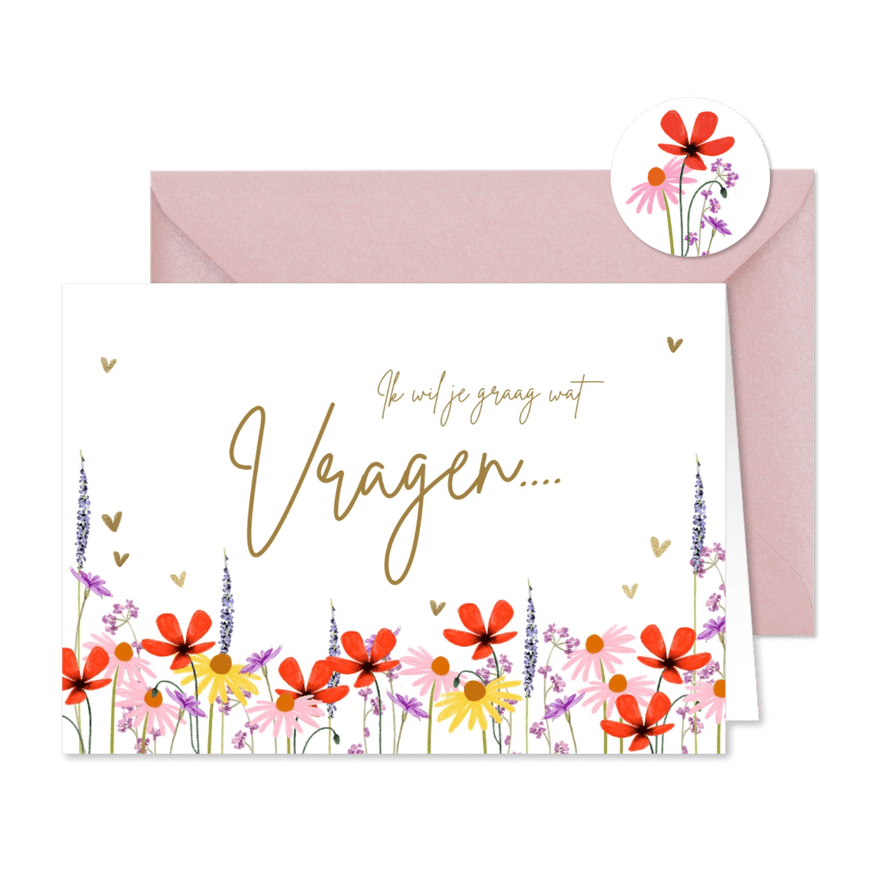 'Ik wil je wat vragen' bruidsmeisje kaart met zomerbloemen - Kaartimpressie