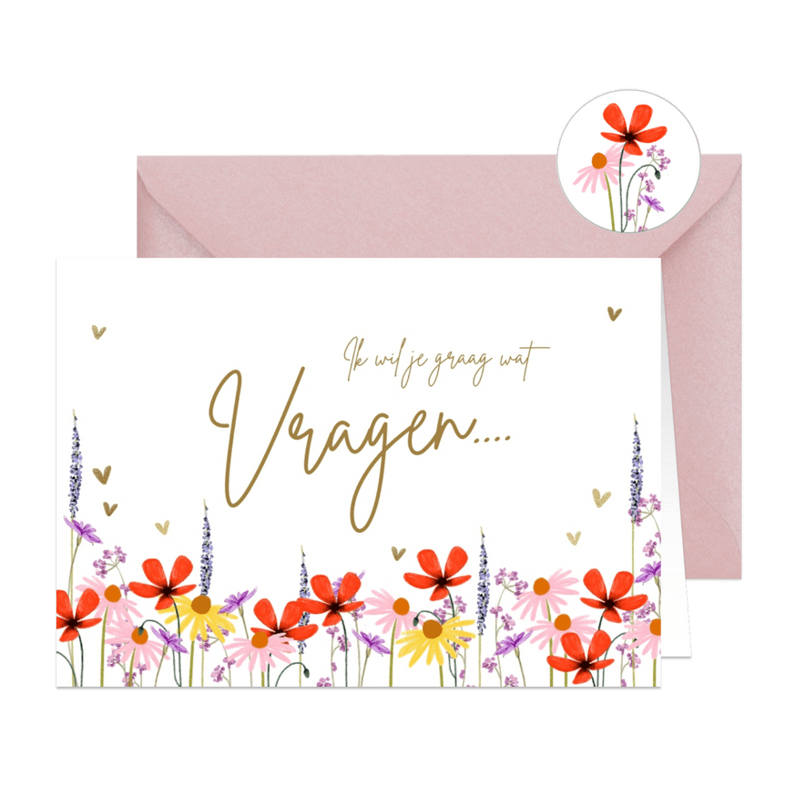 'Ik wil je wat vragen' bruidsmeisje kaart met zomerbloemen - Kaartimpressie