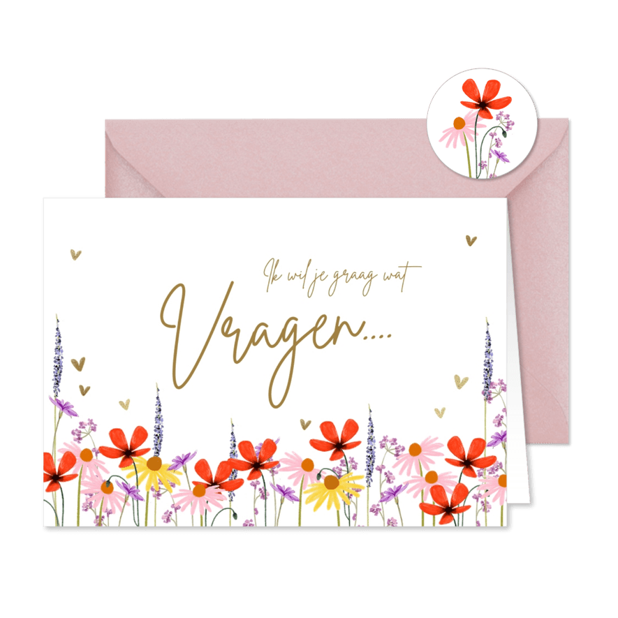 'Ik wil je wat vragen' bruidsmeisje kaart met zomerbloemen - Kaartimpressie