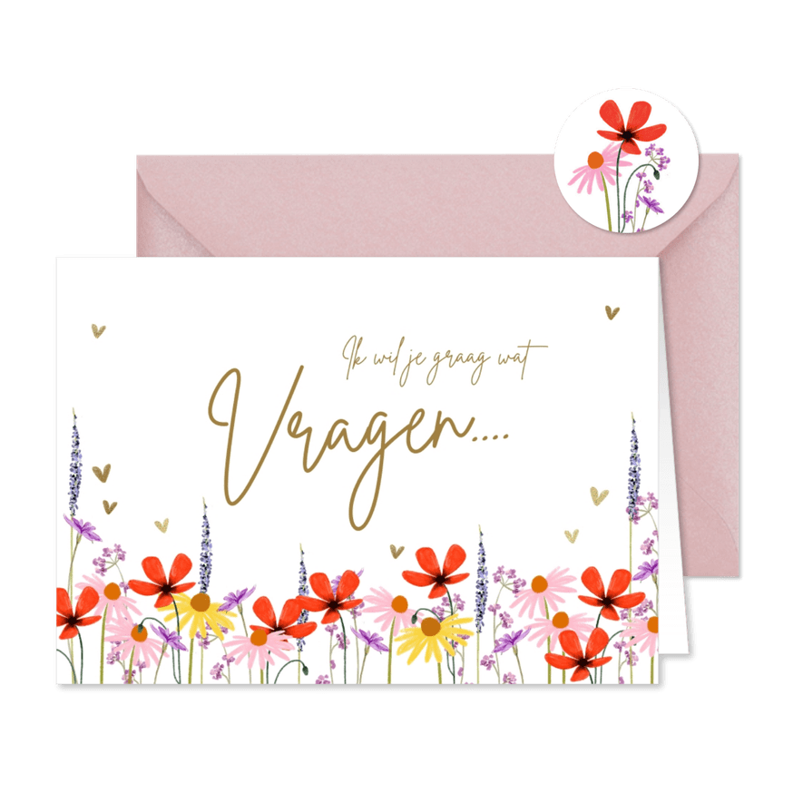 'Ik wil je wat vragen' bruidsmeisje kaart met zomerbloemen - Kaartimpressie