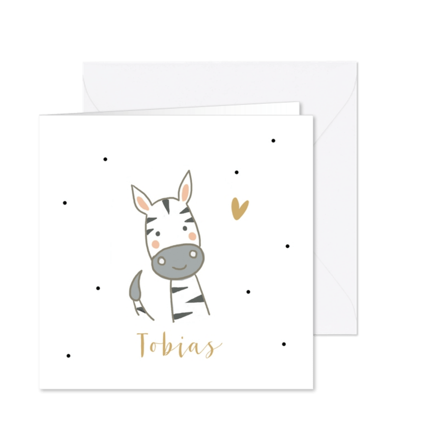 Illustratief geboortekaartje met zebra en kleine hartjes - Kaartimpressie