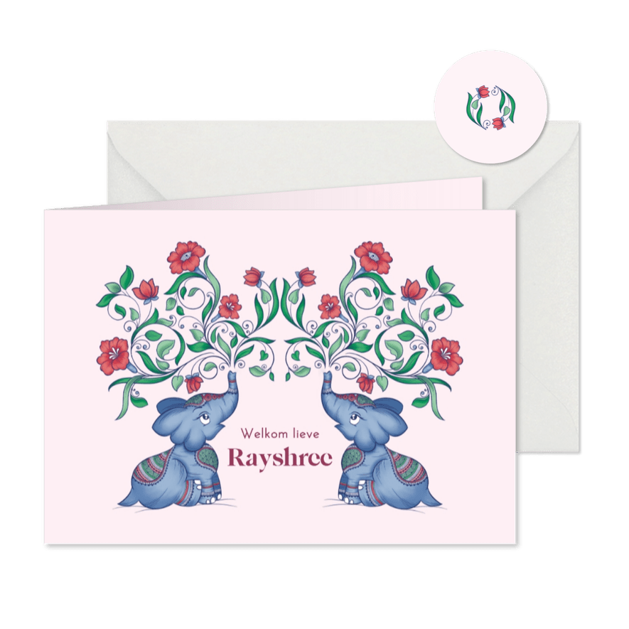Indiaas geboortekaartje met schattige olifantjes - Kaartimpressie