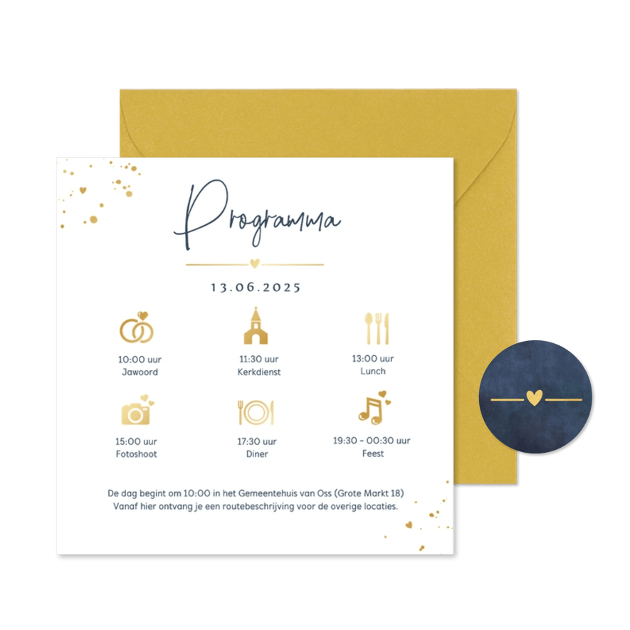 Inlegkaart vierkant met dagindeling trouwdag met foliedruk - Kaartimpressie