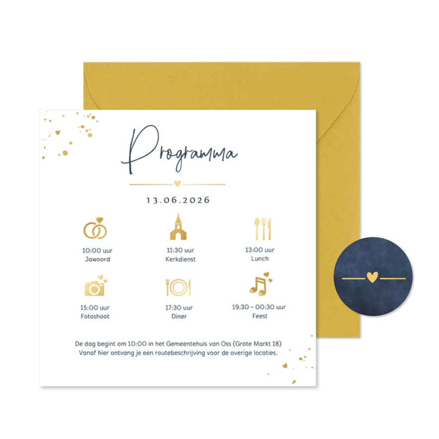 Inlegkaart vierkant met dagindeling trouwdag met foliedruk - Kaartimpressie
