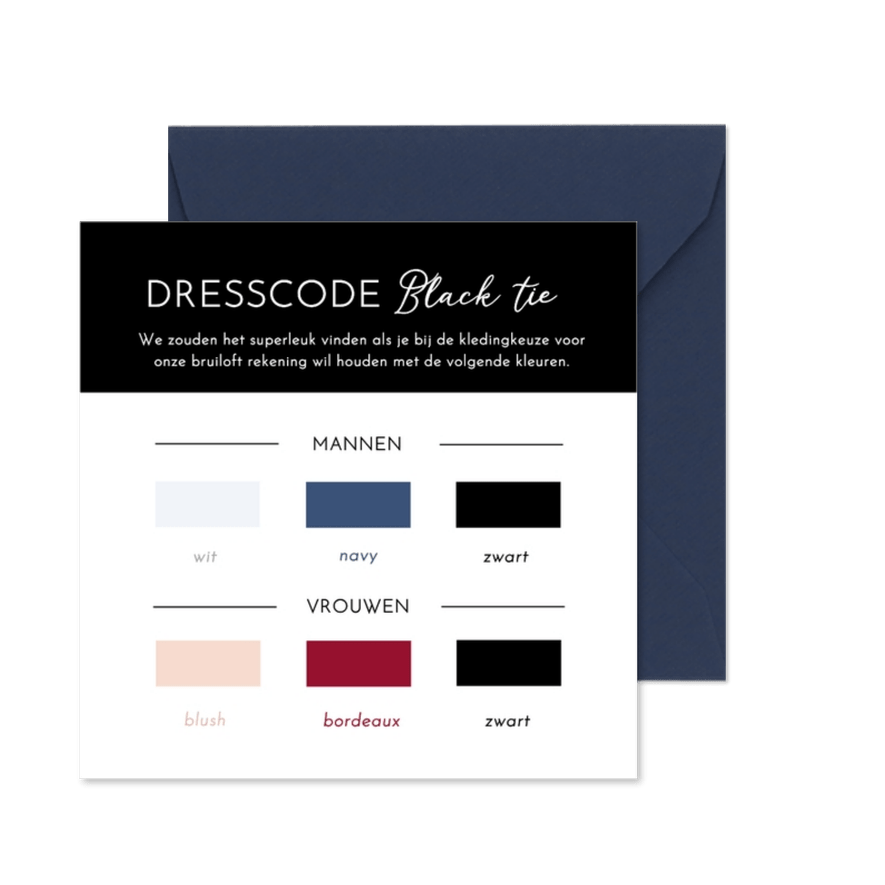 Inlegvel huwelijk met kleuren van de dresscode black tie - Kaartimpressie