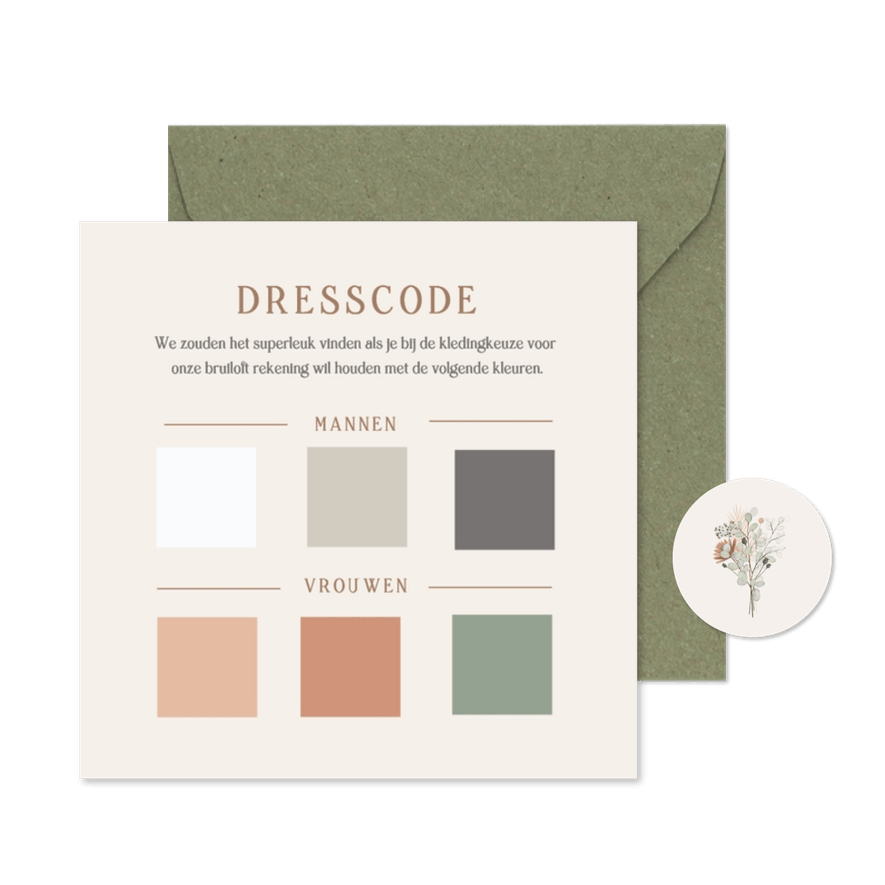 Insteek kaartje met dresscode kleuren voor een bruiloft - Kaartimpressie