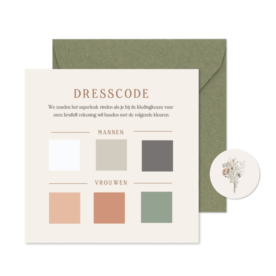 Insteek kaartje met dresscode kleuren voor een bruiloft - Kaartimpressie