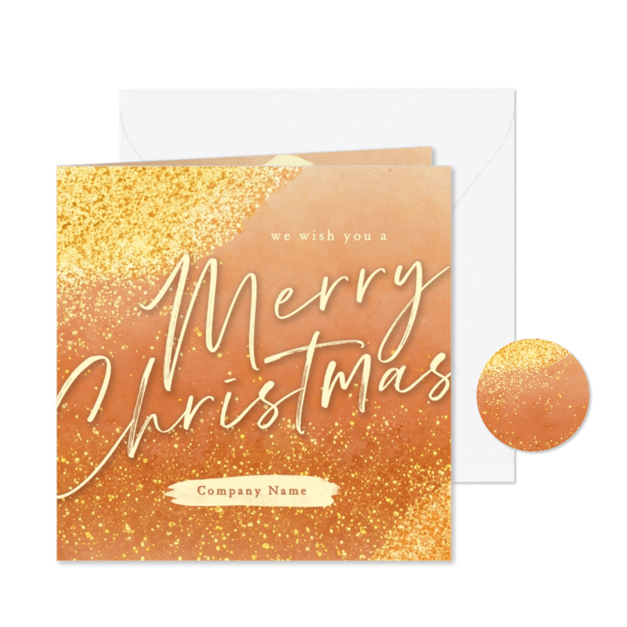 internationale kerstkaart oranje met gouden glitters - Kaartimpressie