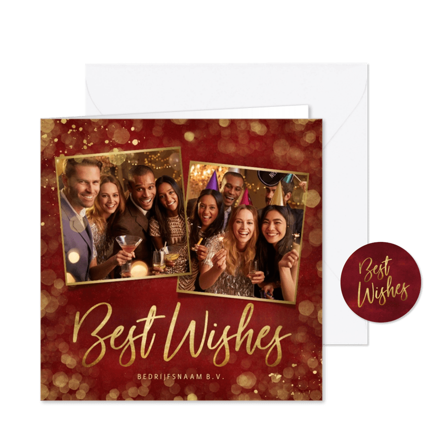 Internationale nieuwjaarskaart 'Best Wishes' - rood met foto - Kaartimpressie