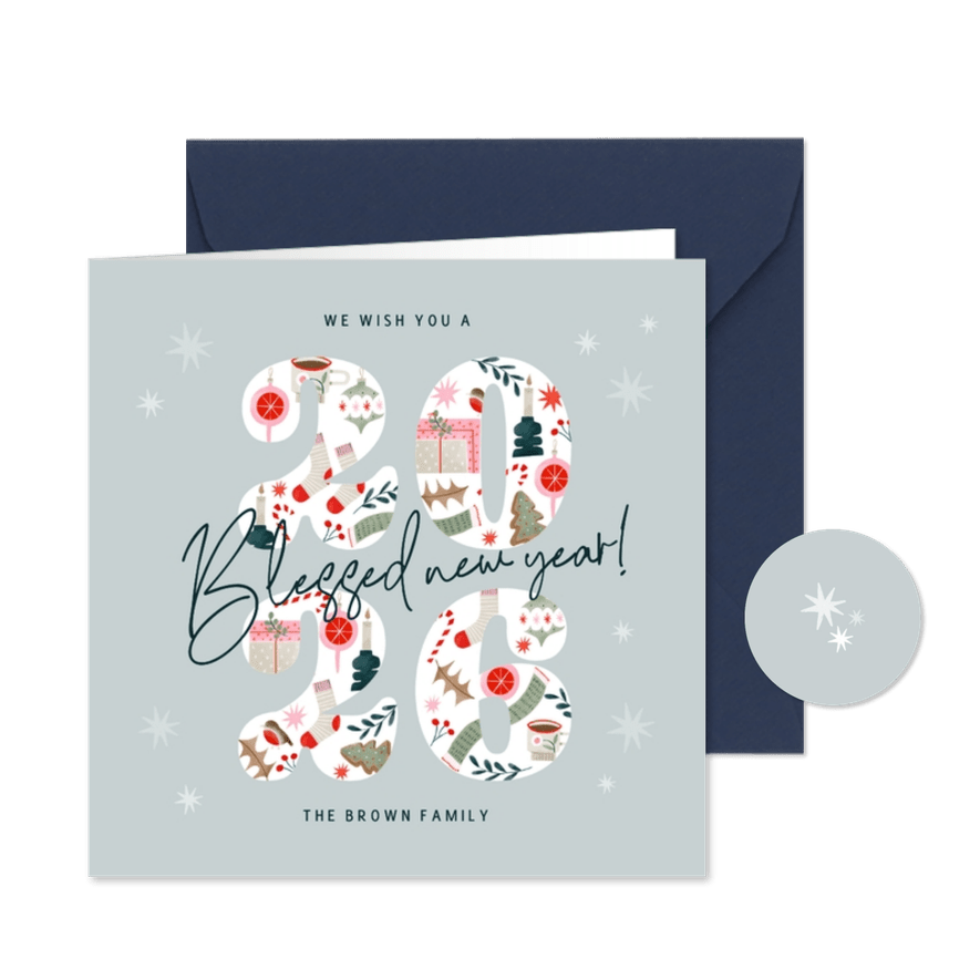 Internationale nieuwjaarskaart 'blessed new year' blauw - Kaartimpressie