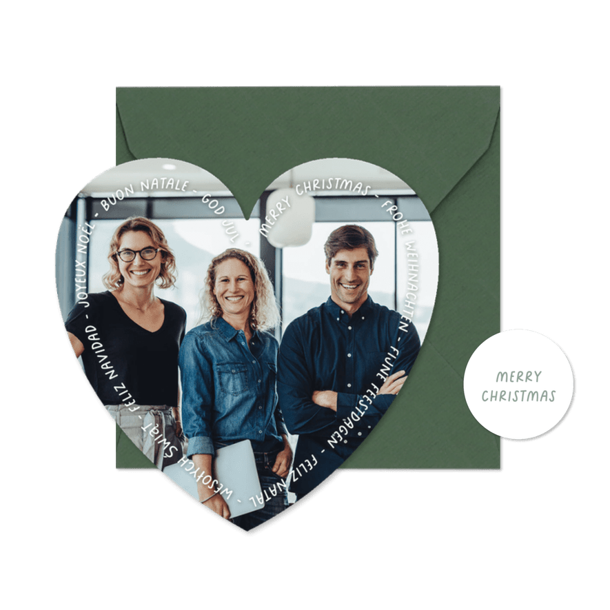 Internationale zakelijke kerstkaart hartvorm met talen - Kaartimpressie