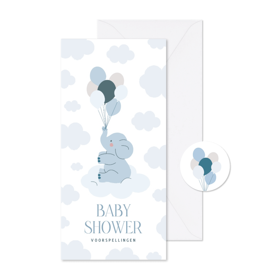Invulkaartje babyshower voorspellingen met olifantje blauw - Kaartimpressie