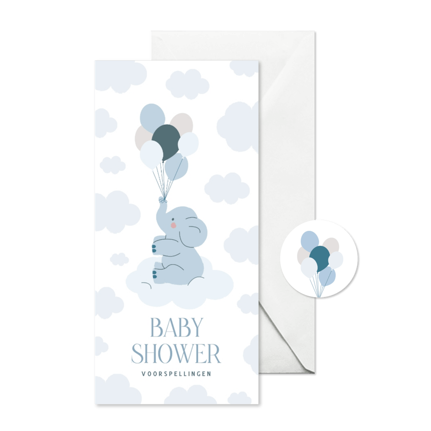 Invulkaartje babyshower voorspellingen met olifantje blauw - Kaartimpressie