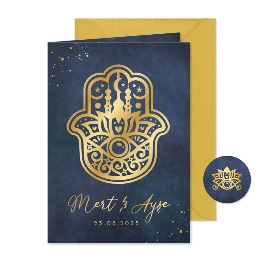 Islamistische trouwkaart Khamsa hand in goudfolie - Kaartimpressie