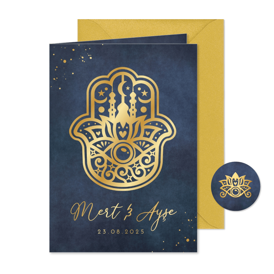 Islamistische trouwkaart Khamsa hand in goudfolie - Kaartimpressie