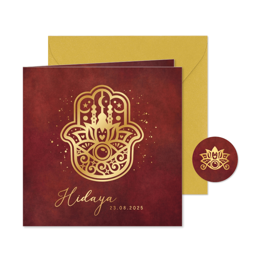 Islamitisch geboortekaartje miesje - met hand van Fatima - Kaartimpressie