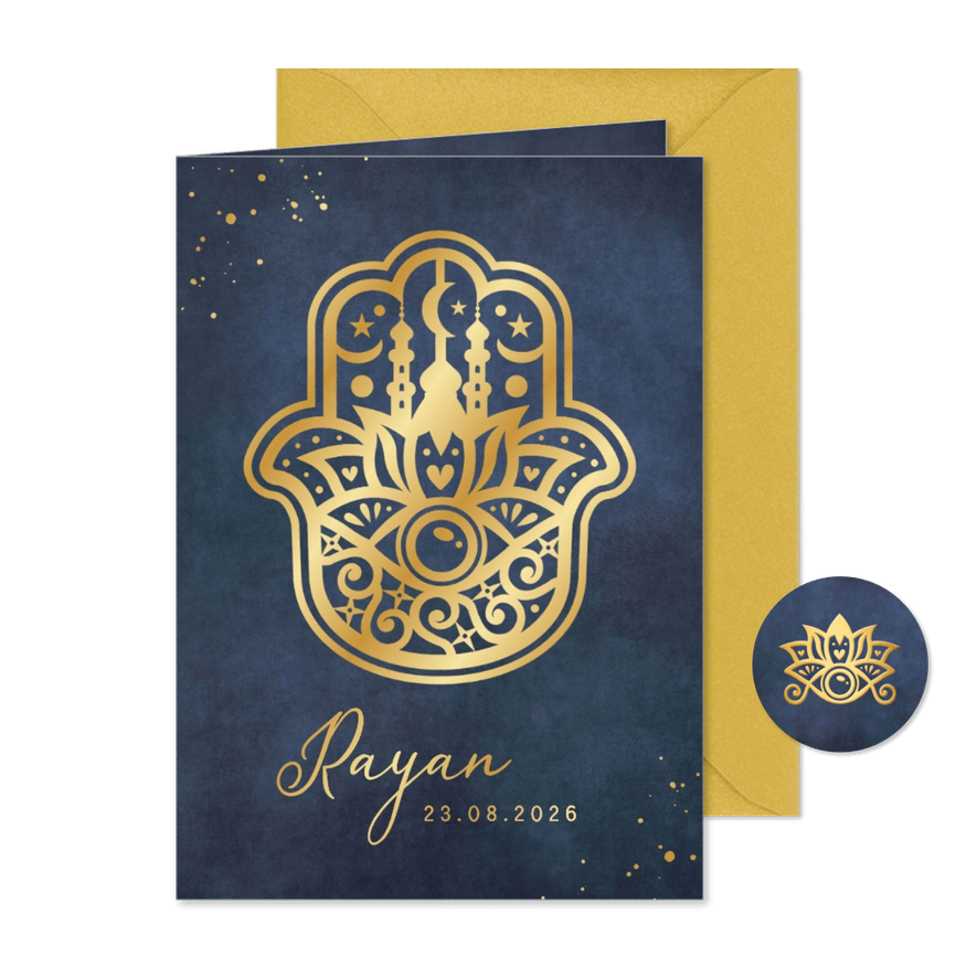 Islamitisch geboortekaratje jongen - Khamsa hand goud - Kaartimpressie