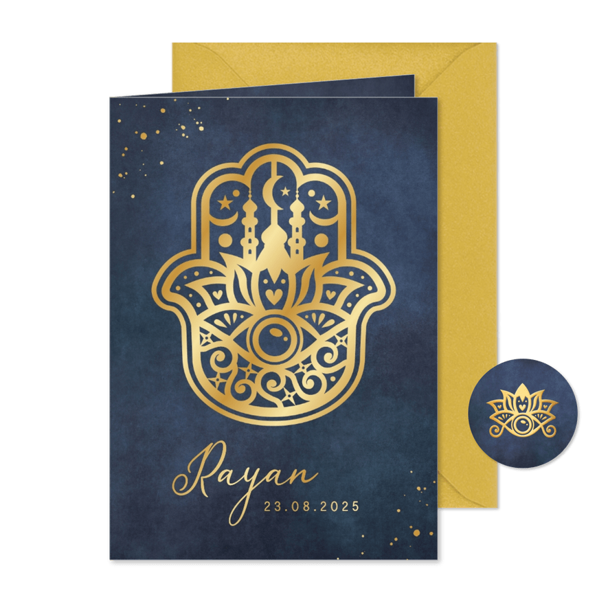 Islamitisch geboortekaratje jongen - Khamsa hand goud - Kaartimpressie