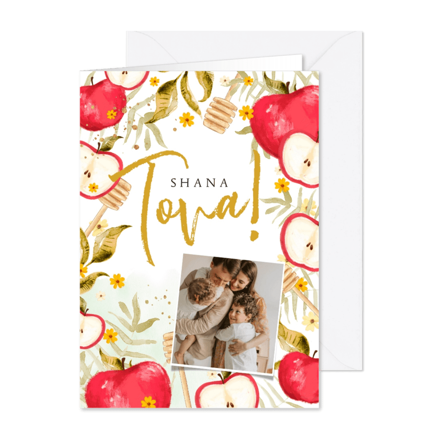 Joods nieuwjaar met foto, appels, honinglepels - Kaartimpressie