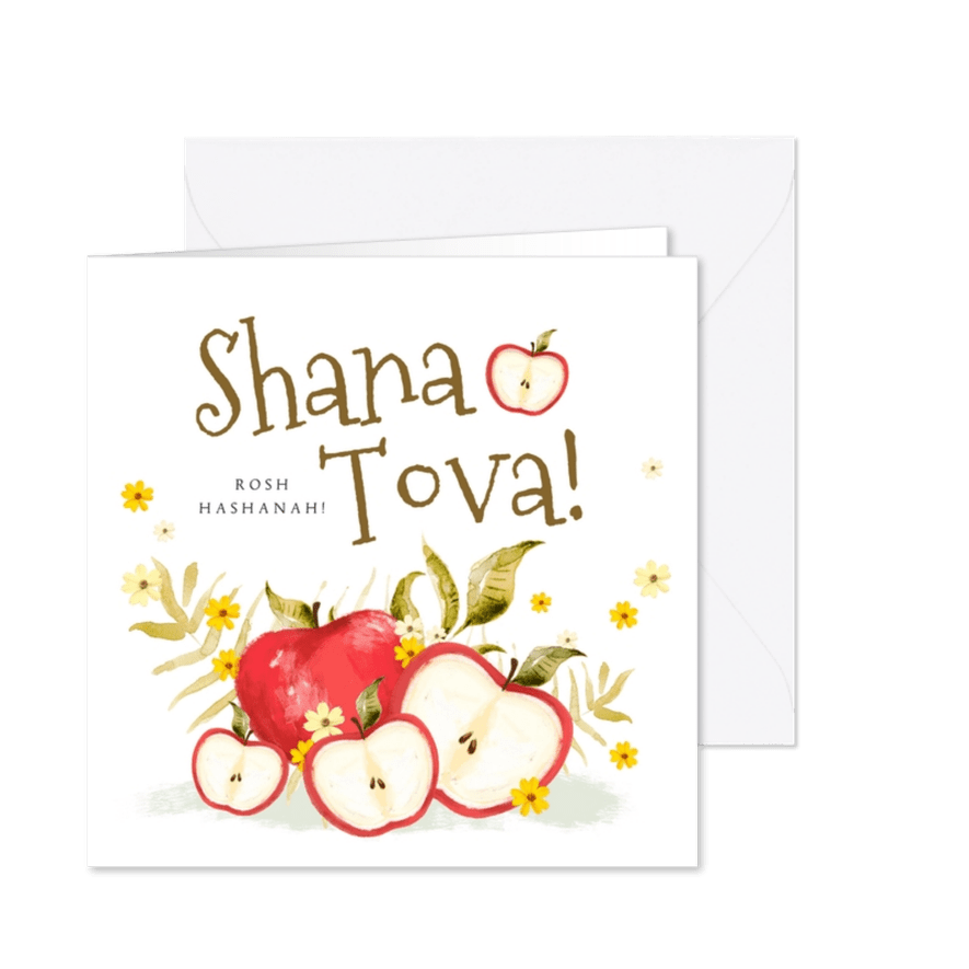 Joods nieuwjaarskaart met appels en kleine bloemen - Kaartimpressie