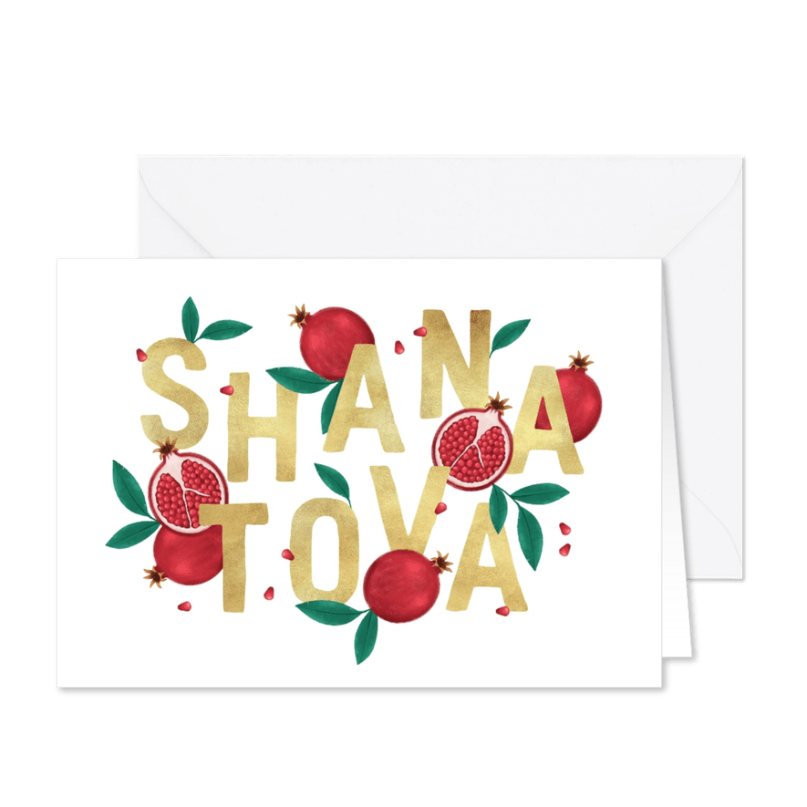 Joods Shana Tova wenskaart granaatappel typografie goud - Kaartimpressie