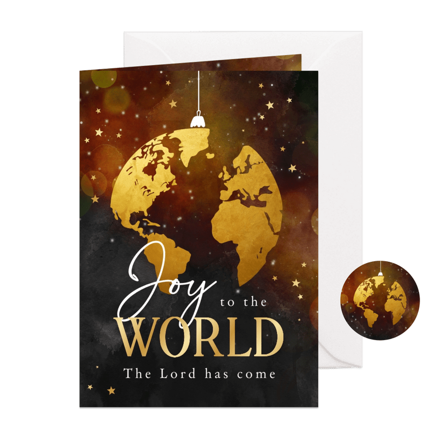 Joy to the world kerstkaart wereldbol kerstbal goud - Kaartimpressie