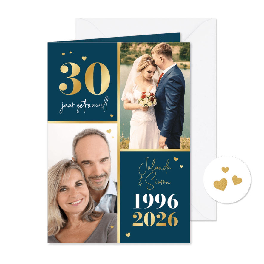 Jubileum 30 jaar goud foto's stijlvol goud hartjes - Kaartimpressie