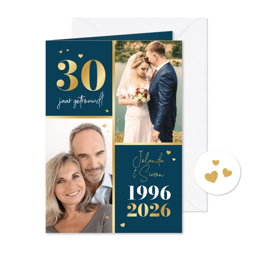 Jubileum 30 jaar goud foto's stijlvol goud hartjes - Kaartimpressie