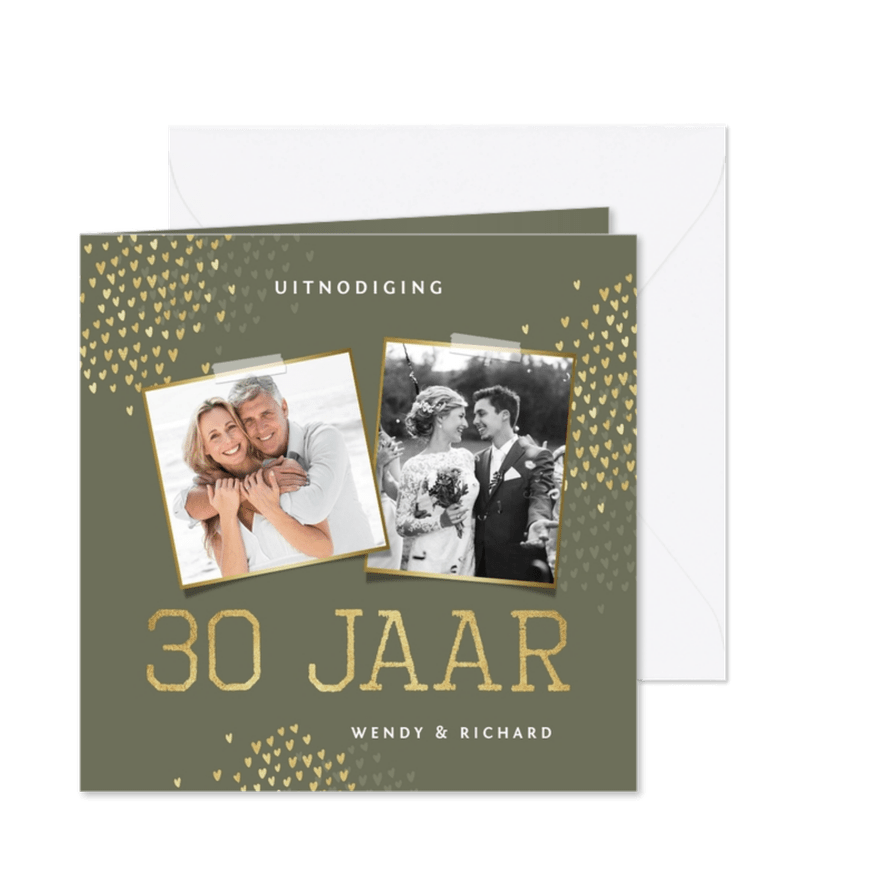 Jubileum 30 jaar uitnodiging goud hartjes - Kaartimpressie