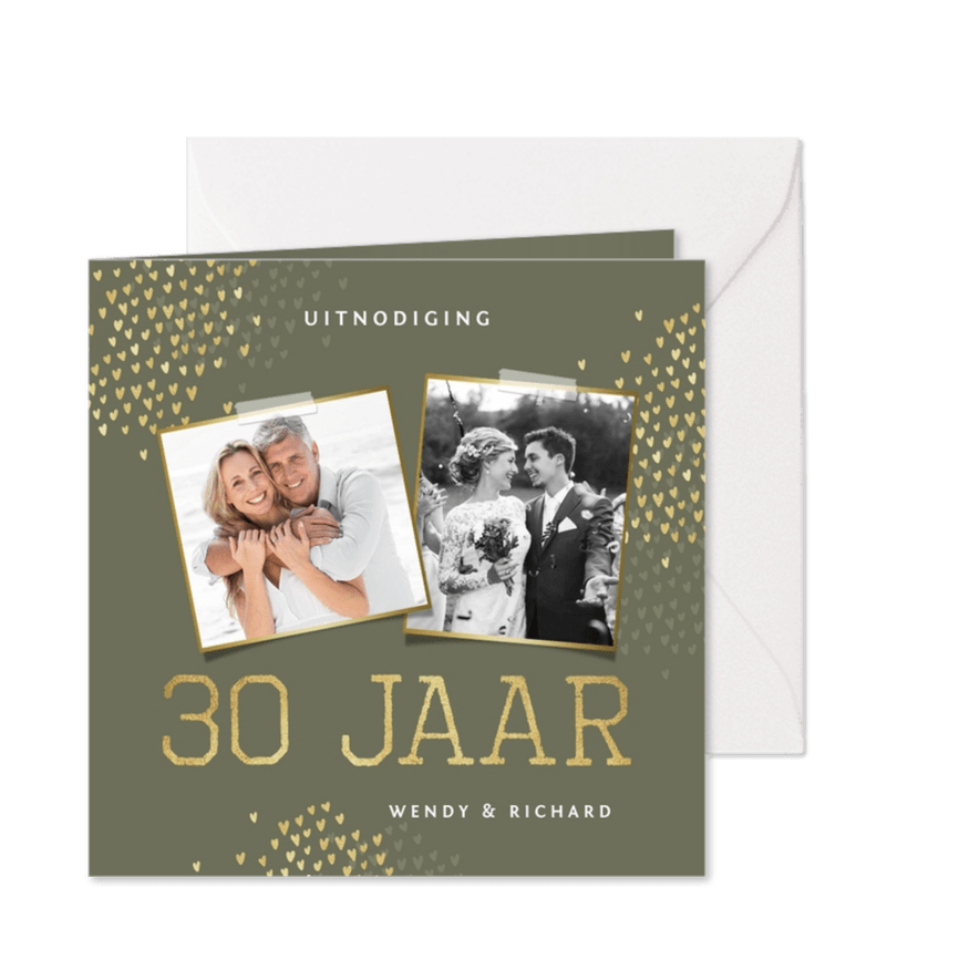 Jubileum 30 jaar uitnodiging goud hartjes - Kaartimpressie